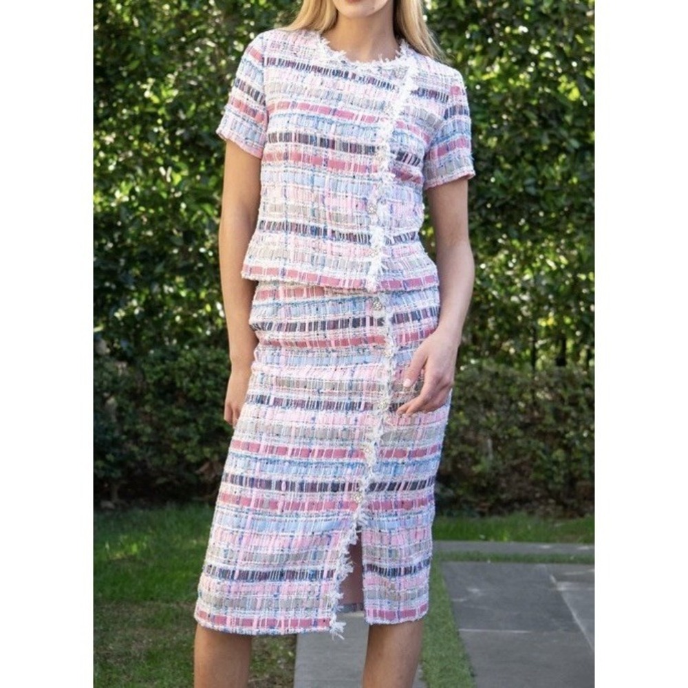 Benaar LA Tweed Donna Skirt Sz M Boho Cottage Pink Blue Maximalist NWT $185